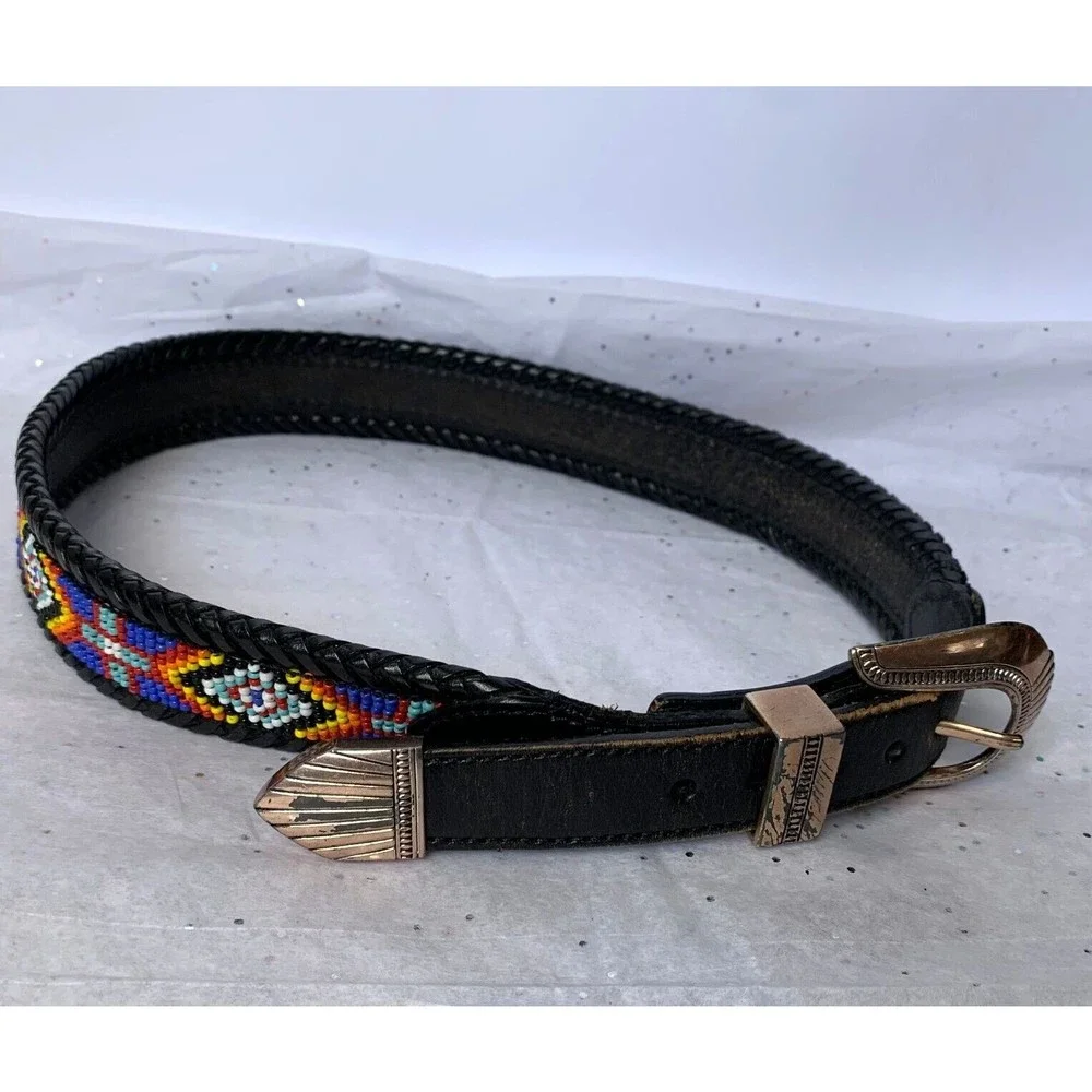 Vintage LL Bean Bauer 1991 Mens Genuine Leather Southwestern Beaded Belt EUC!